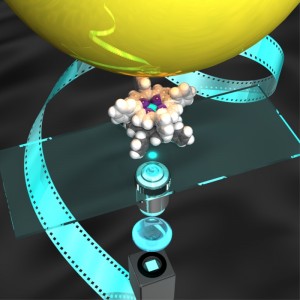 Schematic illustration for single-molecule motion capturing and manipulation of 1-nm sized synthetic molecular machine by optical microscopy using a bead probe. A large bead attached to the rotor part of the synthetic molecular bearing (double decker porphyrin) traces its motion.