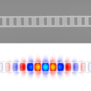 An electron micrograph of a specially-designed photonic crystal cavity (top) and a computer simulation of optical field distribution (bottom). Unconventional modulation of hole periodicity allows for intense fields in the air holes. (c) 2014 Yuichiro Kato. An electron micrograph of a specially-designed photonic crystal cavity (top) and a computer simulation of optical field distribution (bottom). Unconventional modulation of hole periodicity allows for intense fields in the air holes. (c) 2014 Yuichiro Kato.