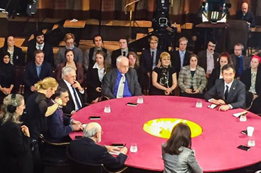 Scene from the recording of Nobel Minds, a program produced by Sveriges Television (SVT) and BBC World<br/>Photo: Allegra Grevelius. © Nobel Media 2015.