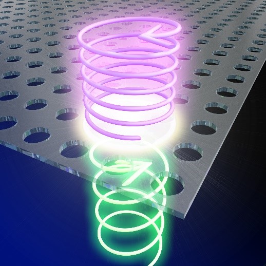 A dark blue background. A grey sheet with many holes takes up the top half of the image. A pale green spiral is below the grey sheet. A pale pink spiral is above it.