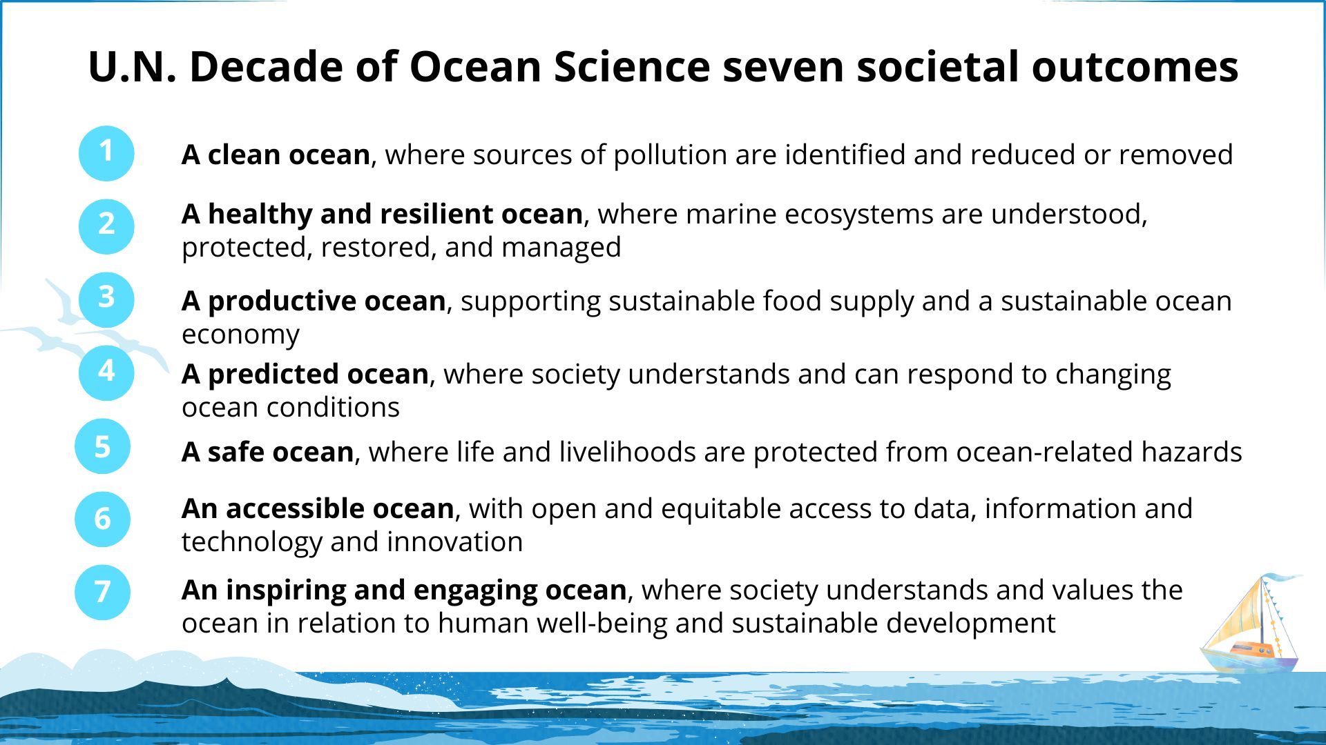 Graphic explaining the UN decade of ocean science seven societal outcomes