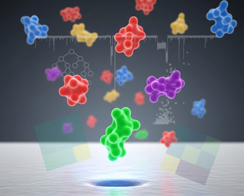 Artistic rendering of voltage-matrix nanopore profiling